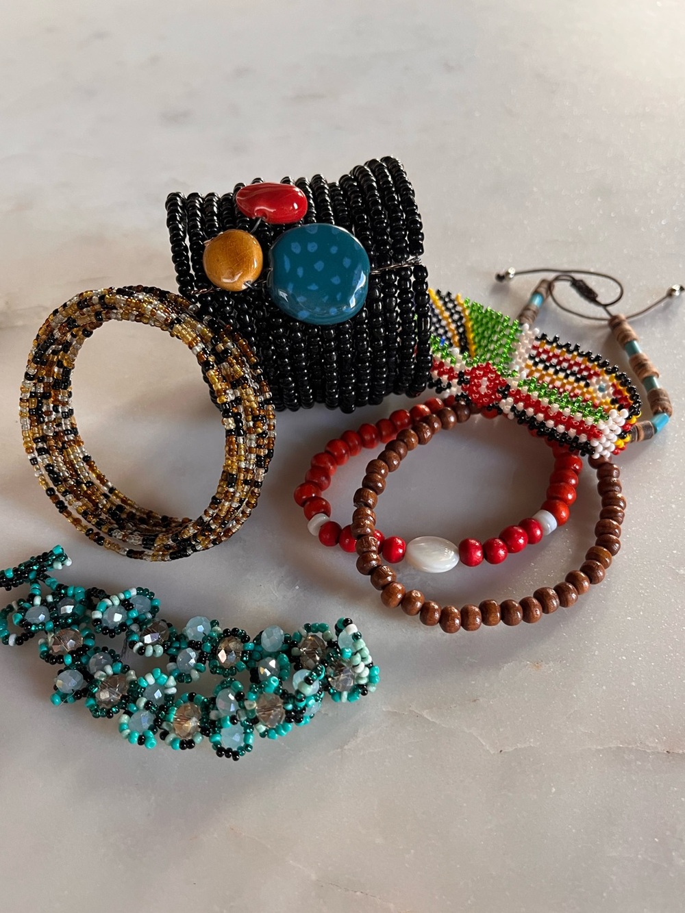 Lot of 7 Vintage & Artisan Beaded Bracelets | Wide Cuff, Seed Bead, Wooden & Cry